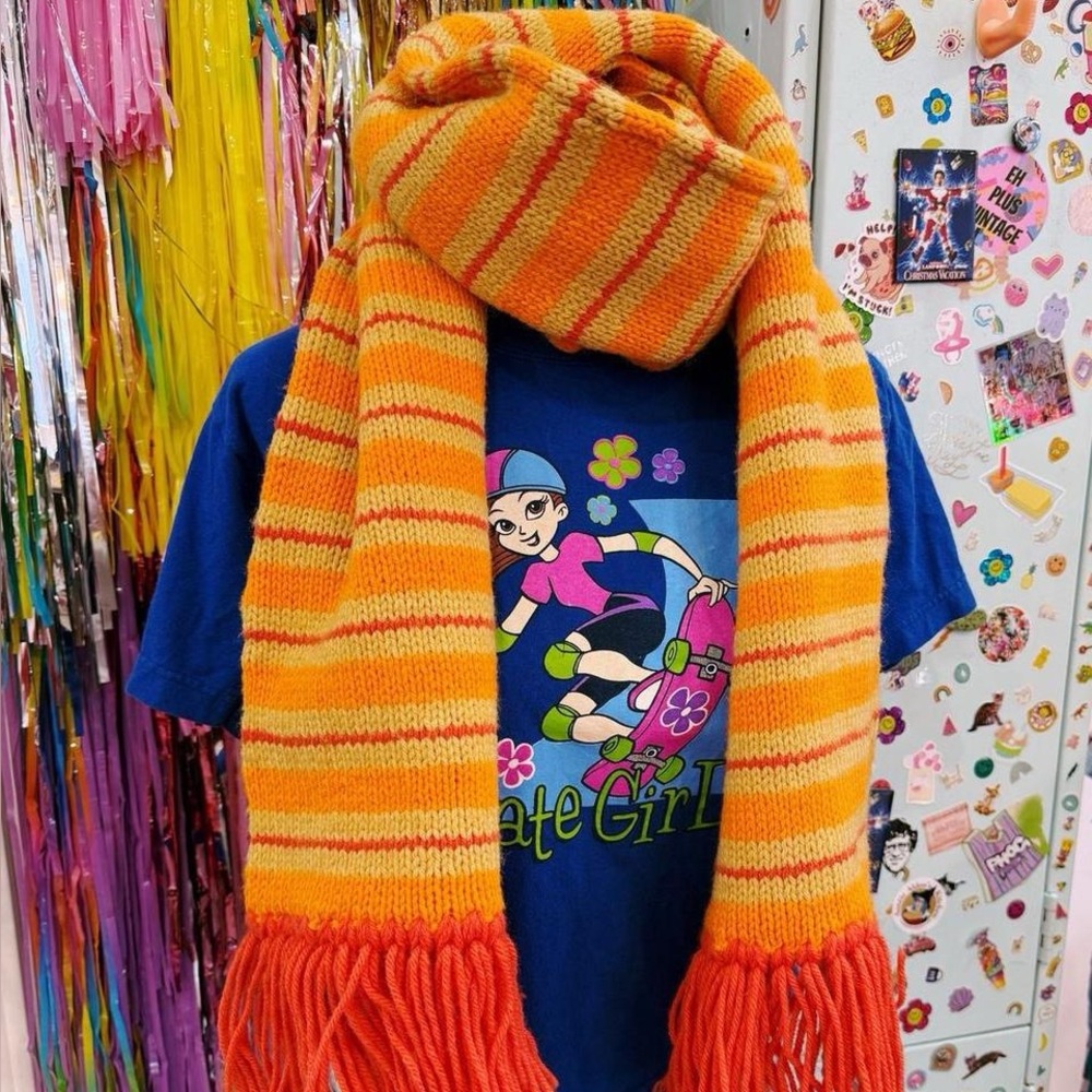 Hand knit orange and yellow striped scarf